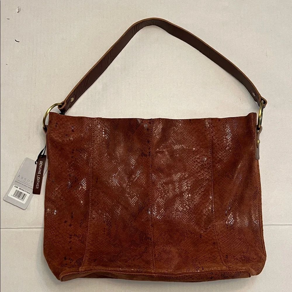 ASSOTS LONDON BROWN SNAKE FOIL PATTERN LEATHER HOBO TOTE BAG NEW